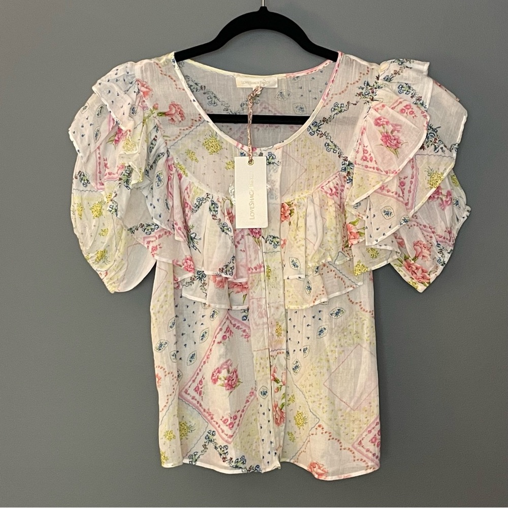 NWT LoveShackFancy Amora Top White Cotton with Floral Detail Size S